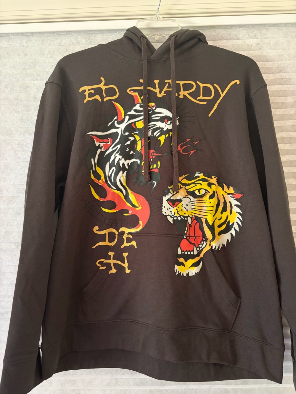New Ed Hardy Black Hoodie with Yellow & Red Tiger and Flame Graphics